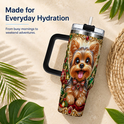 #pl[40oz|Black] Jeweled Yorkie 40oz Tumbler with Handle, Christmas Dog Stainless Steel Cup