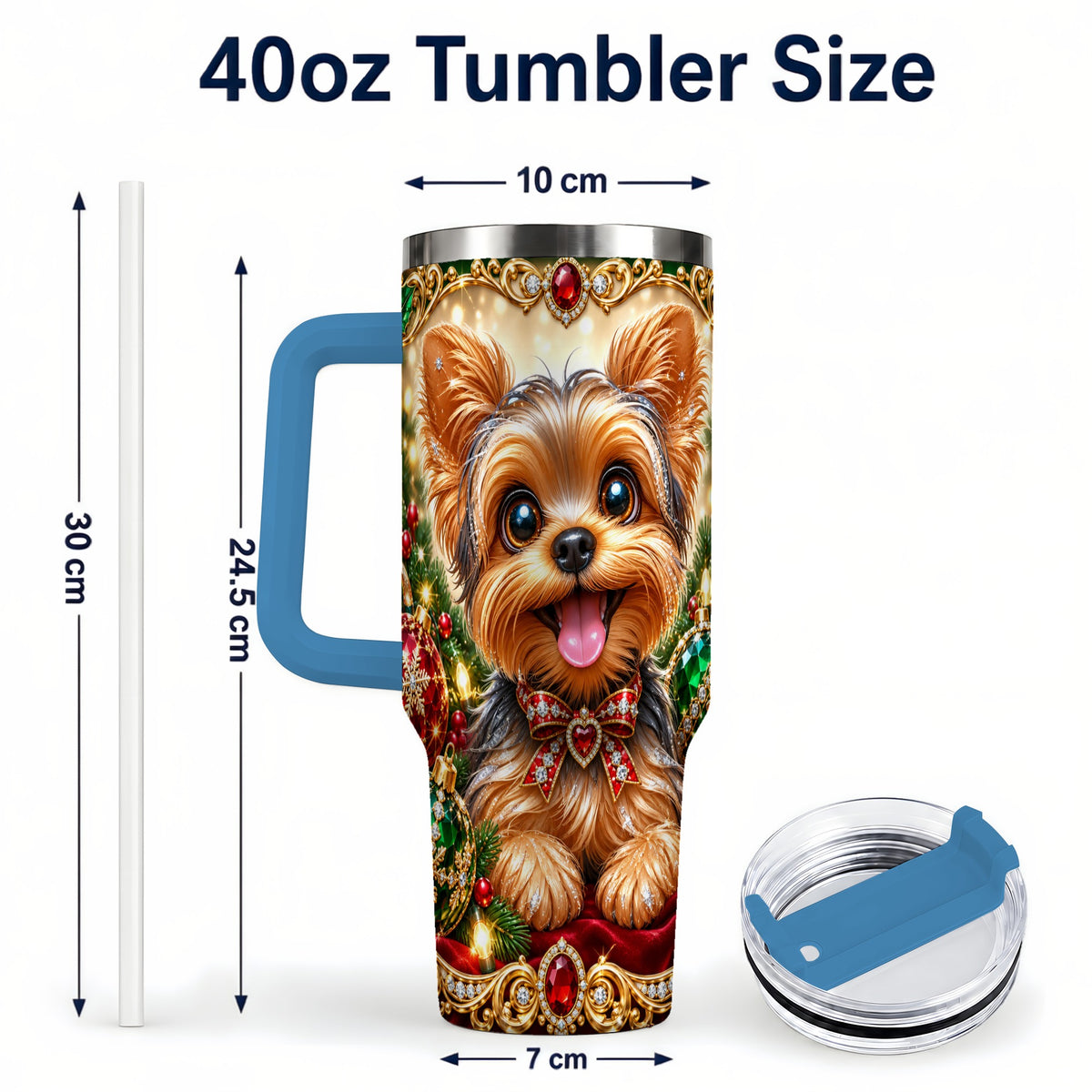 #pl[40oz|Blue] Jeweled Yorkie 40oz Tumbler with Handle, Christmas Dog Stainless Steel Cup