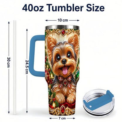 #pl[40oz|Blue] Jeweled Yorkie 40oz Tumbler with Handle, Christmas Dog Stainless Steel Cup