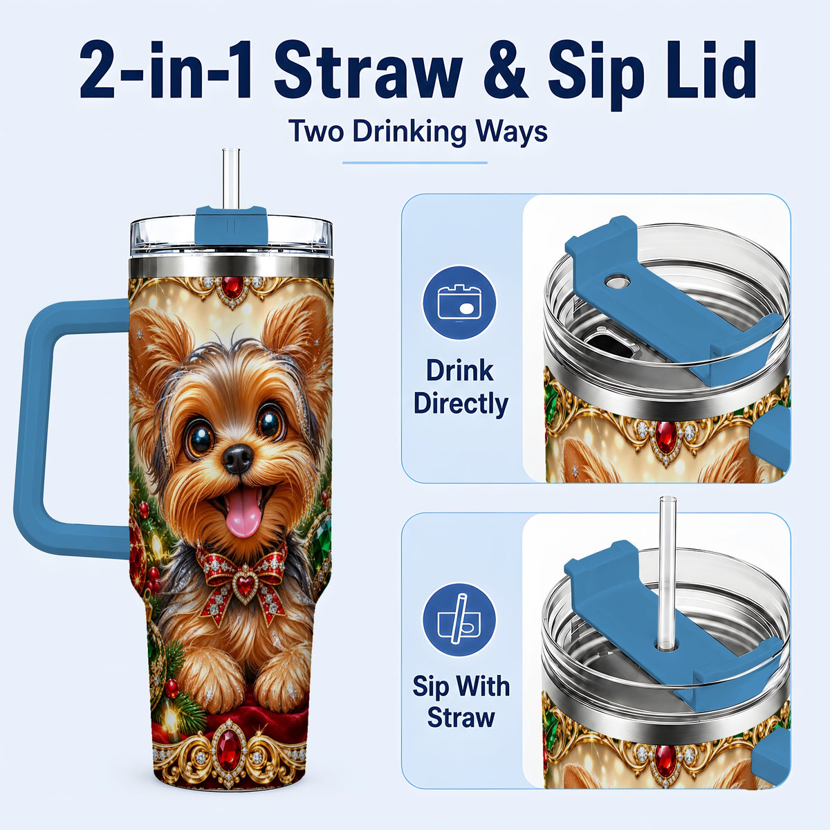 #pl[40oz|Blue] Jeweled Yorkie 40oz Tumbler with Handle, Christmas Dog Stainless Steel Cup