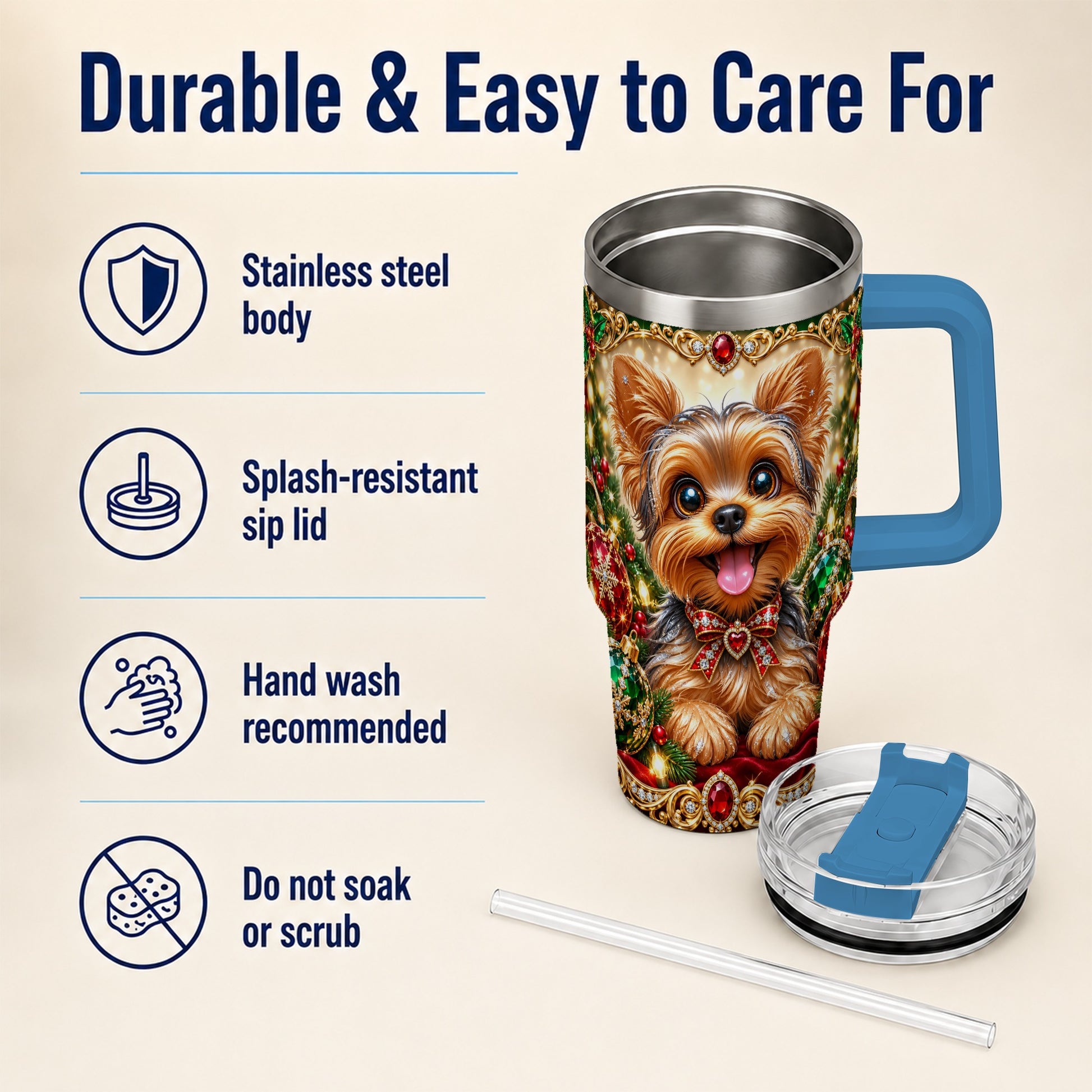 #pl[40oz|Blue] Jeweled Yorkie 40oz Tumbler with Handle, Christmas Dog Stainless Steel Cup
