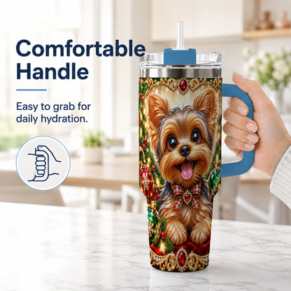 #pl[40oz|Blue] Jeweled Yorkie 40oz Tumbler with Handle, Christmas Dog Stainless Steel Cup