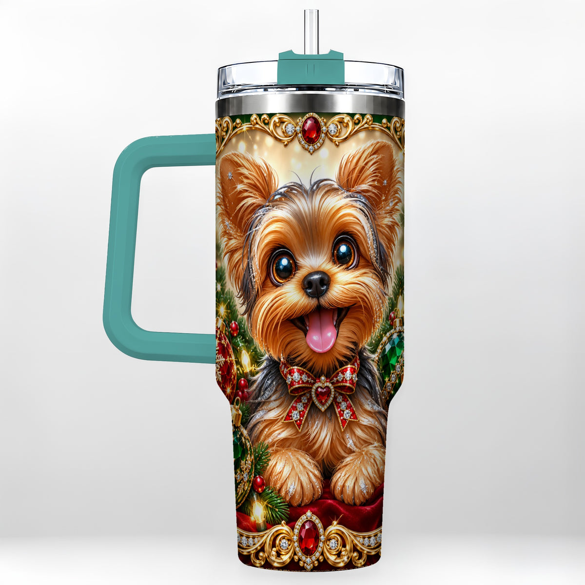 #pl[40oz|Green] Jeweled Yorkie 40oz Tumbler with Handle, Christmas Dog Stainless Steel Cup