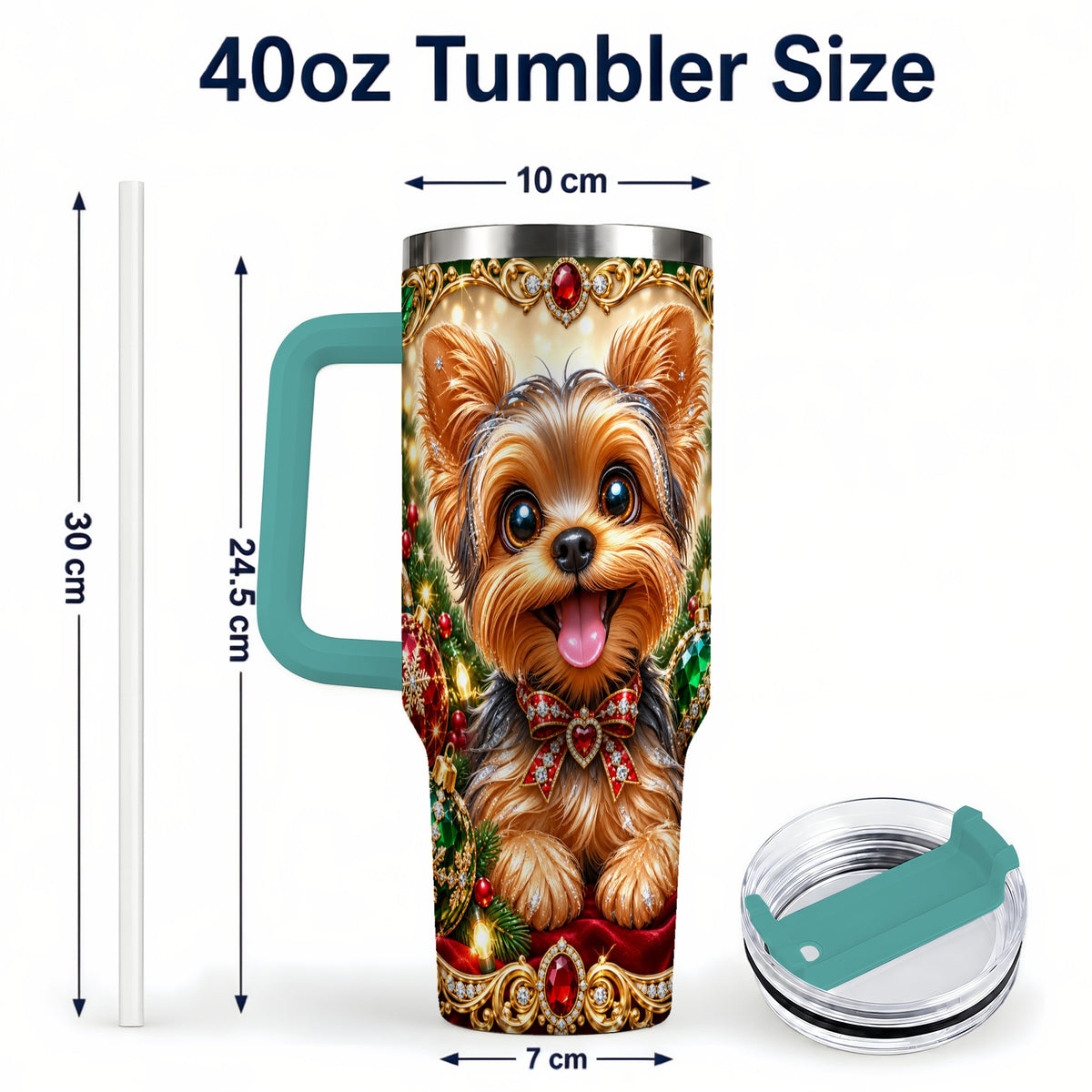 #pl[40oz|Green] Jeweled Yorkie 40oz Tumbler with Handle, Christmas Dog Stainless Steel Cup