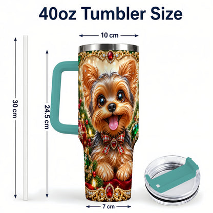 #pl[40oz|Green] Jeweled Yorkie 40oz Tumbler with Handle, Christmas Dog Stainless Steel Cup