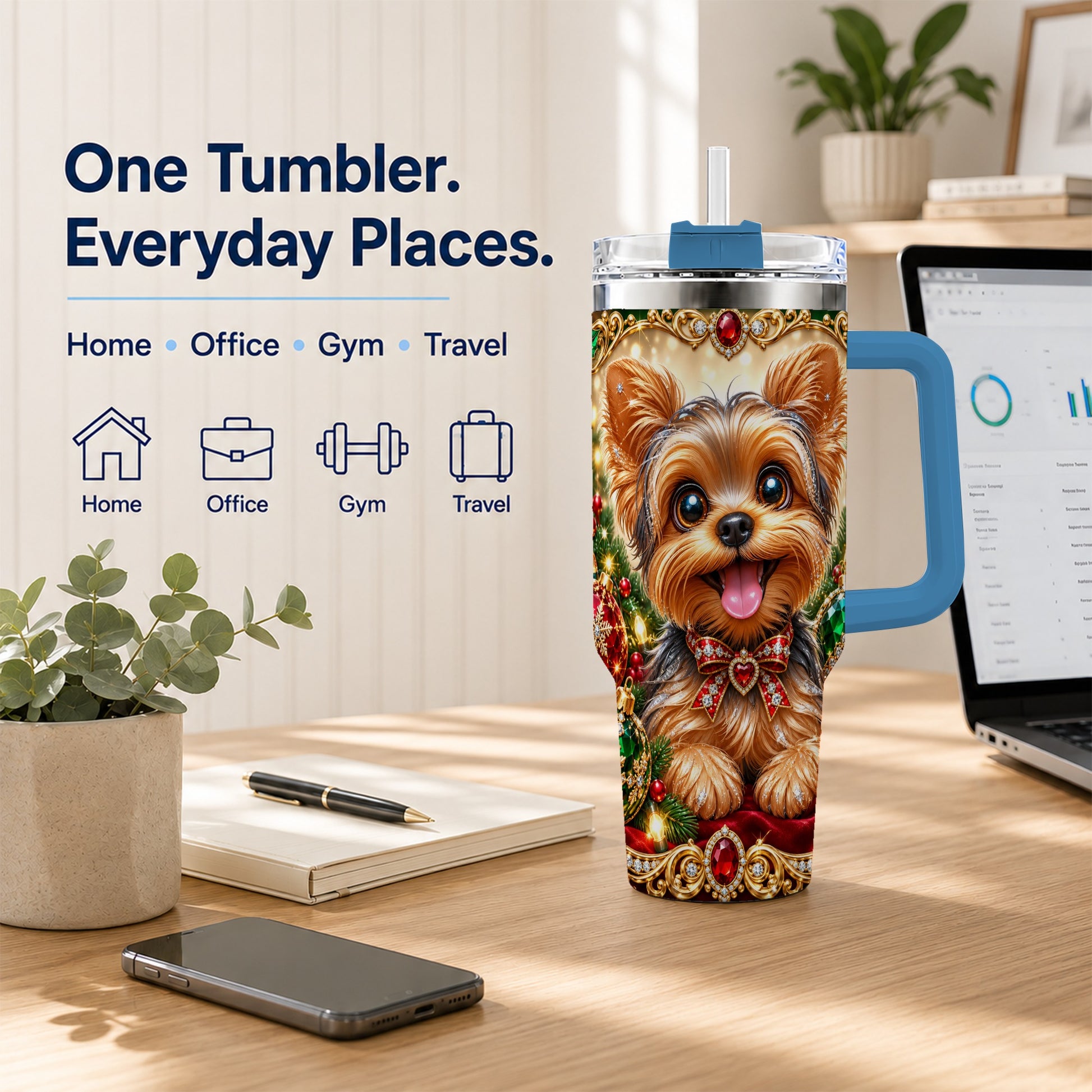 #pl[40oz|Blue] Jeweled Yorkie 40oz Tumbler with Handle, Christmas Dog Stainless Steel Cup