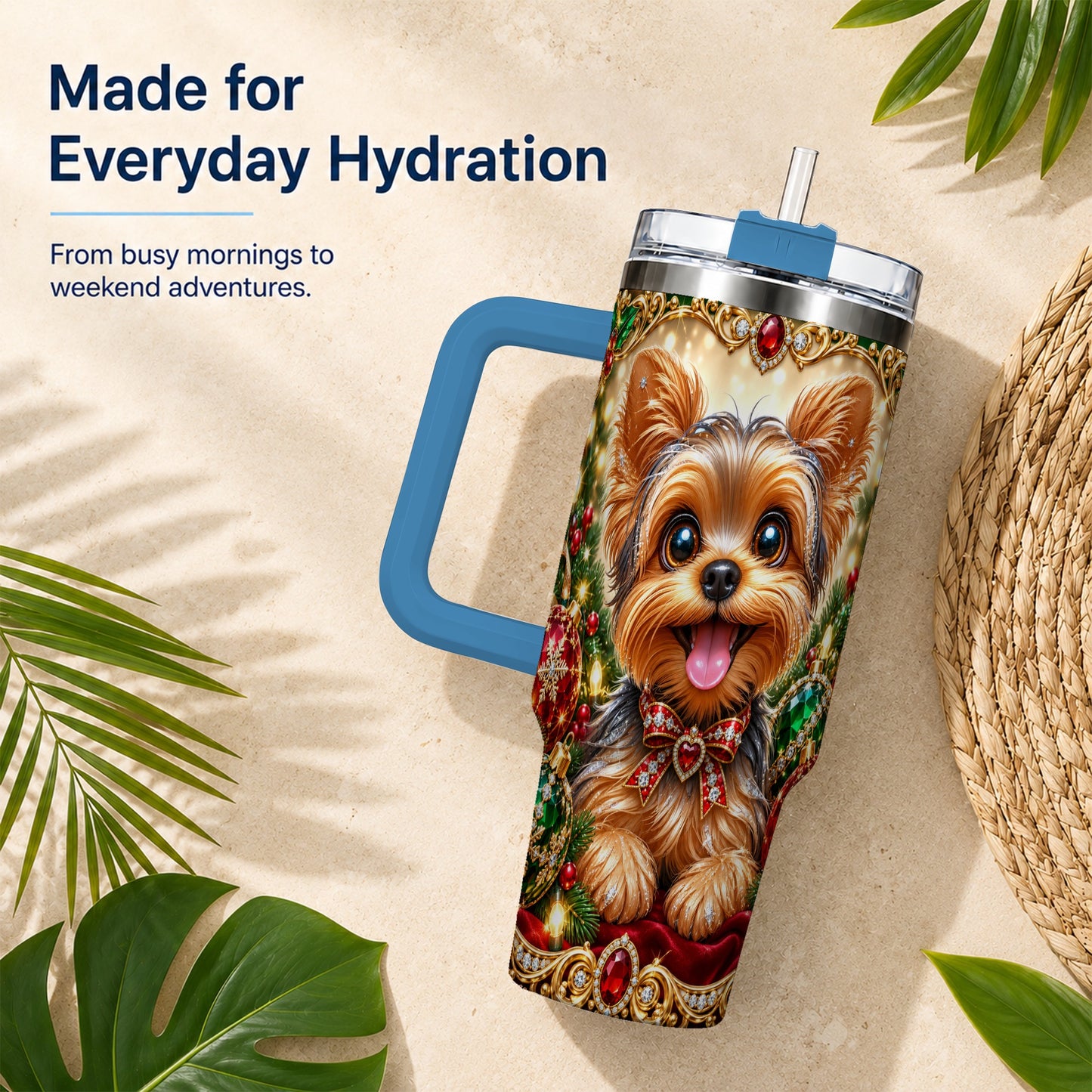 #pl[40oz|Blue] Jeweled Yorkie 40oz Tumbler with Handle, Christmas Dog Stainless Steel Cup
