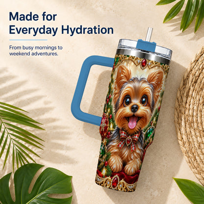 #pl[40oz|Blue] Jeweled Yorkie 40oz Tumbler with Handle, Christmas Dog Stainless Steel Cup
