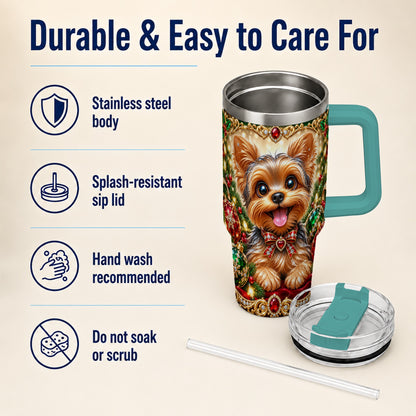 #pl[40oz|Green] Jeweled Yorkie 40oz Tumbler with Handle, Christmas Dog Stainless Steel Cup