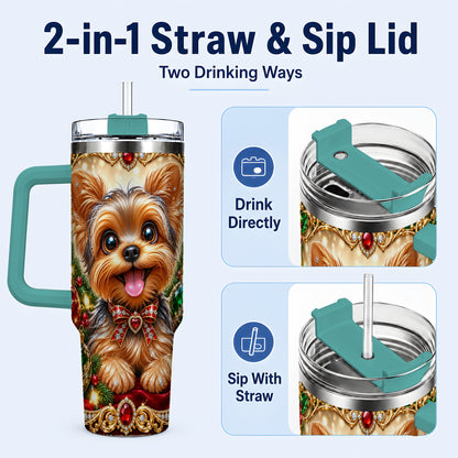 #pl[40oz|Green] Jeweled Yorkie 40oz Tumbler with Handle, Christmas Dog Stainless Steel Cup