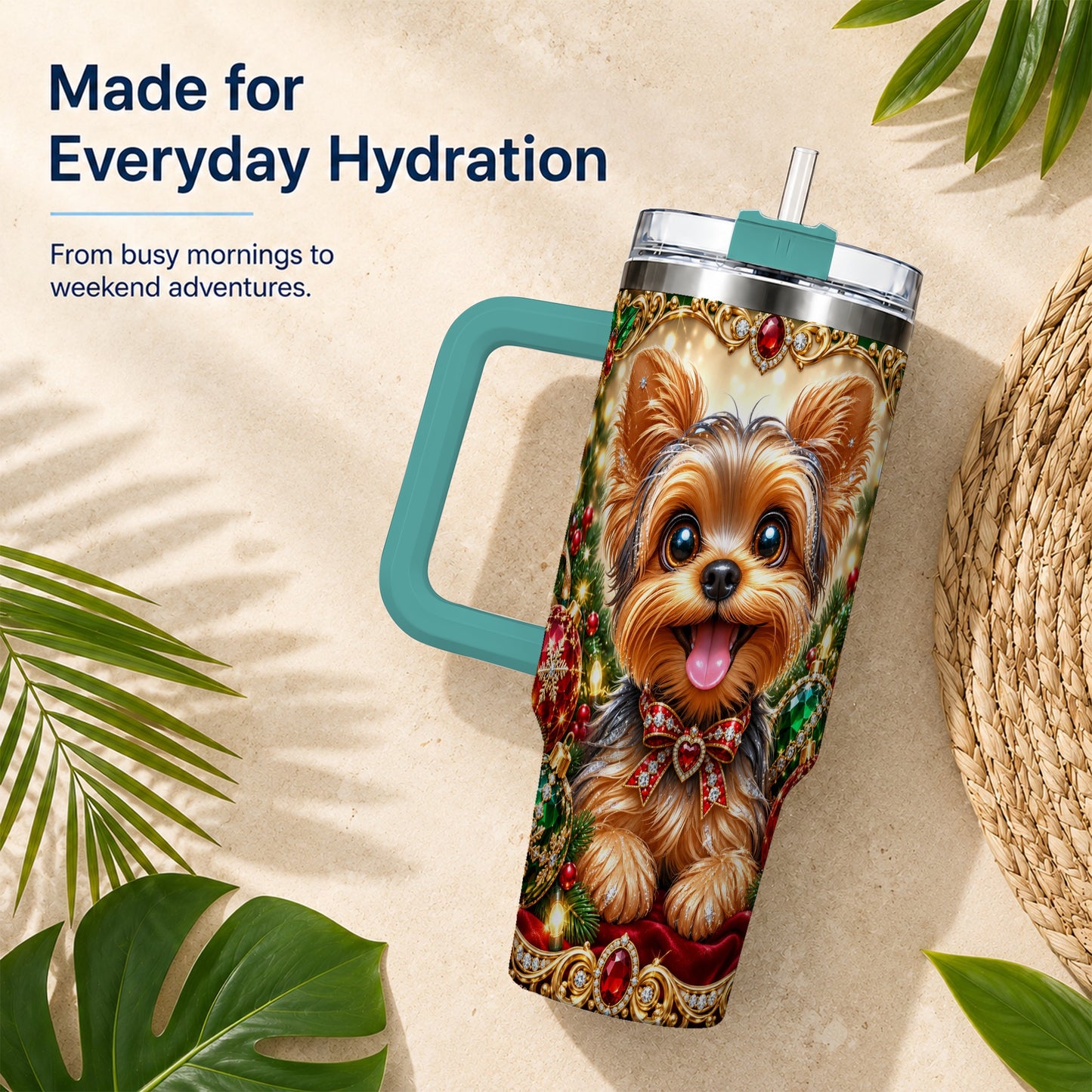 #pl[40oz|Green] Jeweled Yorkie 40oz Tumbler with Handle, Christmas Dog Stainless Steel Cup