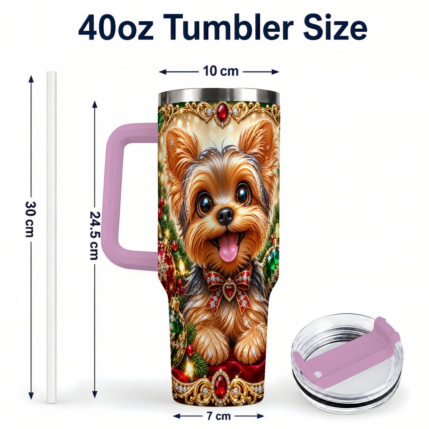 #pl[40oz|Pink] Jeweled Yorkie 40oz Tumbler with Handle, Christmas Dog Stainless Steel Cup