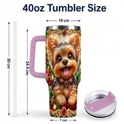 #pl[40oz|Pink] Jeweled Yorkie 40oz Tumbler with Handle, Christmas Dog Stainless Steel Cup