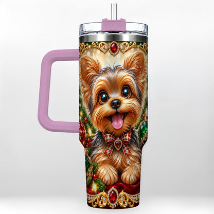 #pl[40oz|Pink] Jeweled Yorkie 40oz Tumbler with Handle, Christmas Dog Stainless Steel Cup