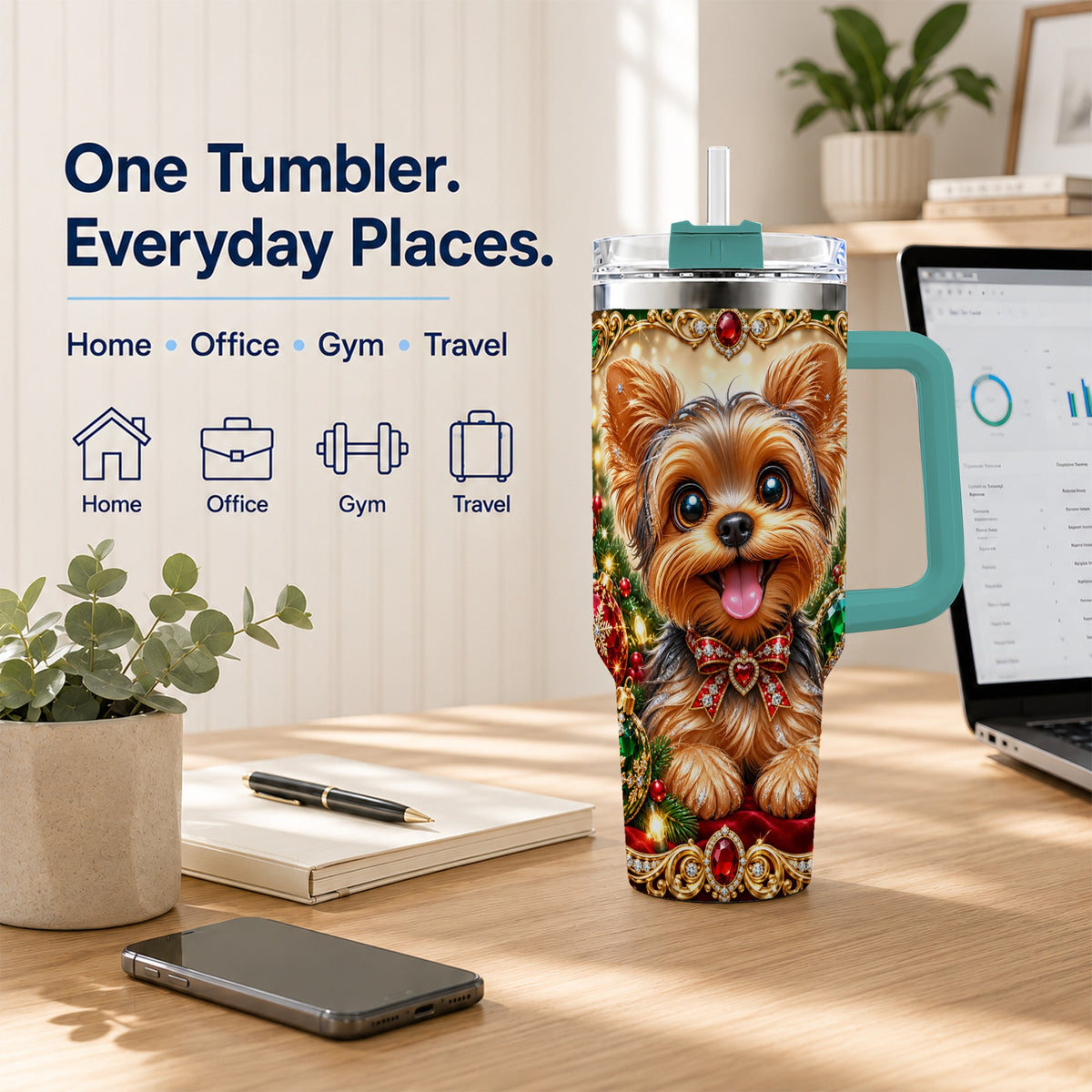 #pl[40oz|Green] Jeweled Yorkie 40oz Tumbler with Handle, Christmas Dog Stainless Steel Cup