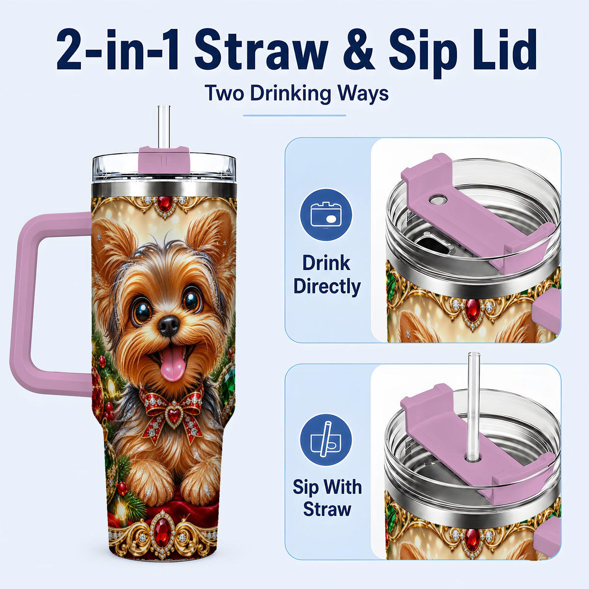 #pl[40oz|Pink] Jeweled Yorkie 40oz Tumbler with Handle, Christmas Dog Stainless Steel Cup