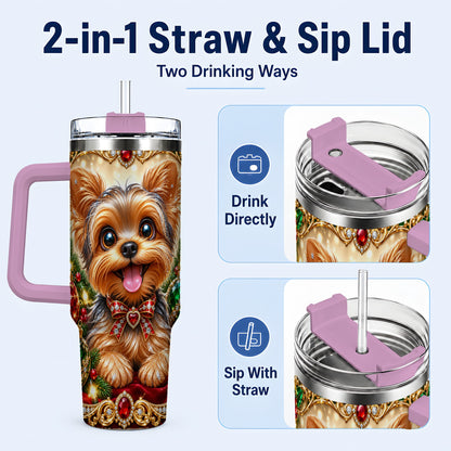 #pl[40oz|Pink] Jeweled Yorkie 40oz Tumbler with Handle, Christmas Dog Stainless Steel Cup