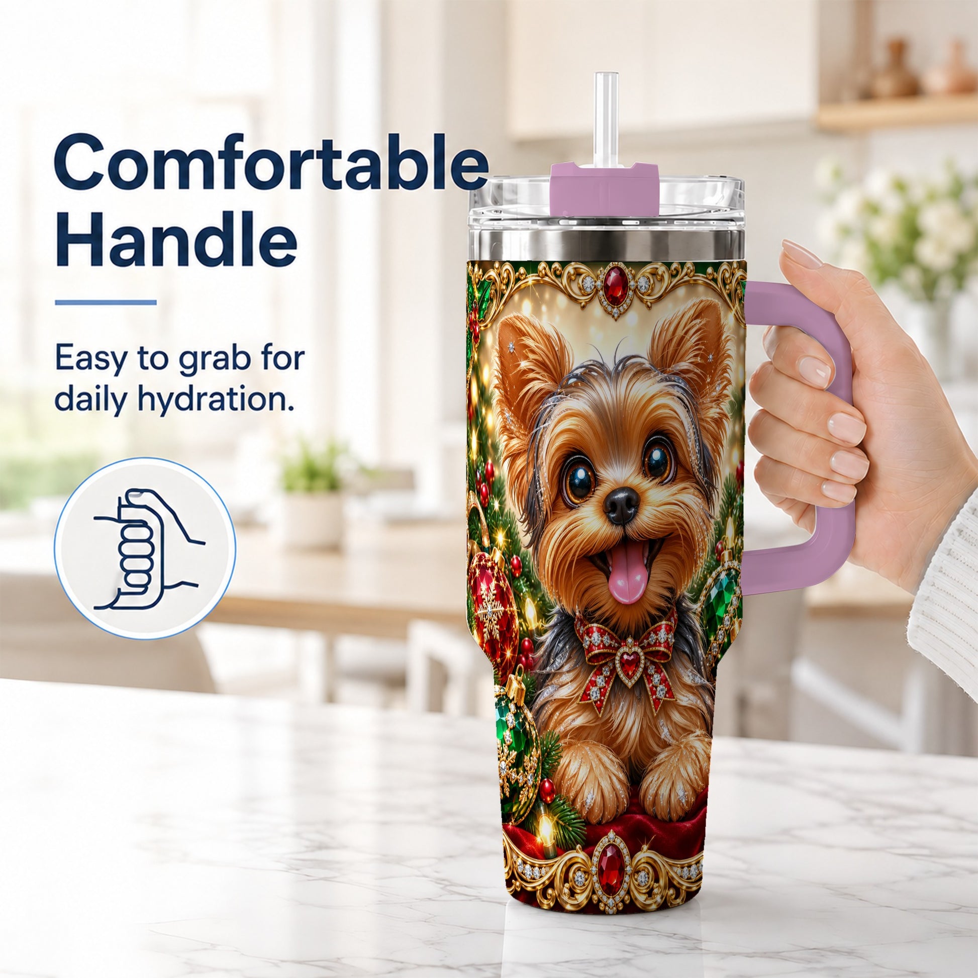 #pl[40oz|Pink] Jeweled Yorkie 40oz Tumbler with Handle, Christmas Dog Stainless Steel Cup