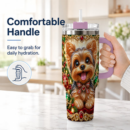 #pl[40oz|Pink] Jeweled Yorkie 40oz Tumbler with Handle, Christmas Dog Stainless Steel Cup