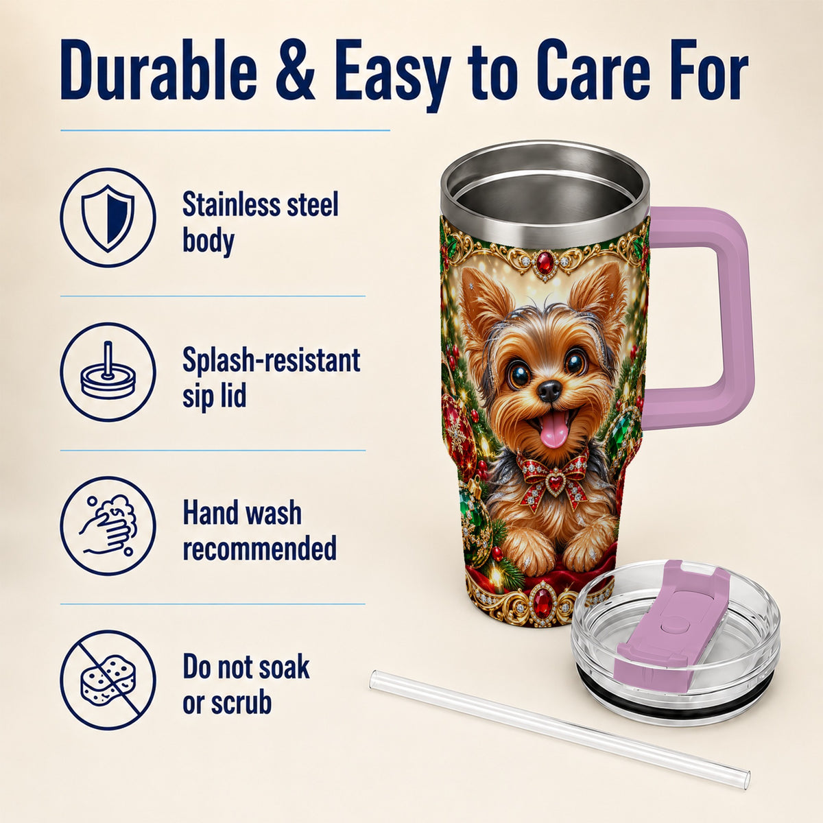 #pl[40oz|Pink] Jeweled Yorkie 40oz Tumbler with Handle, Christmas Dog Stainless Steel Cup