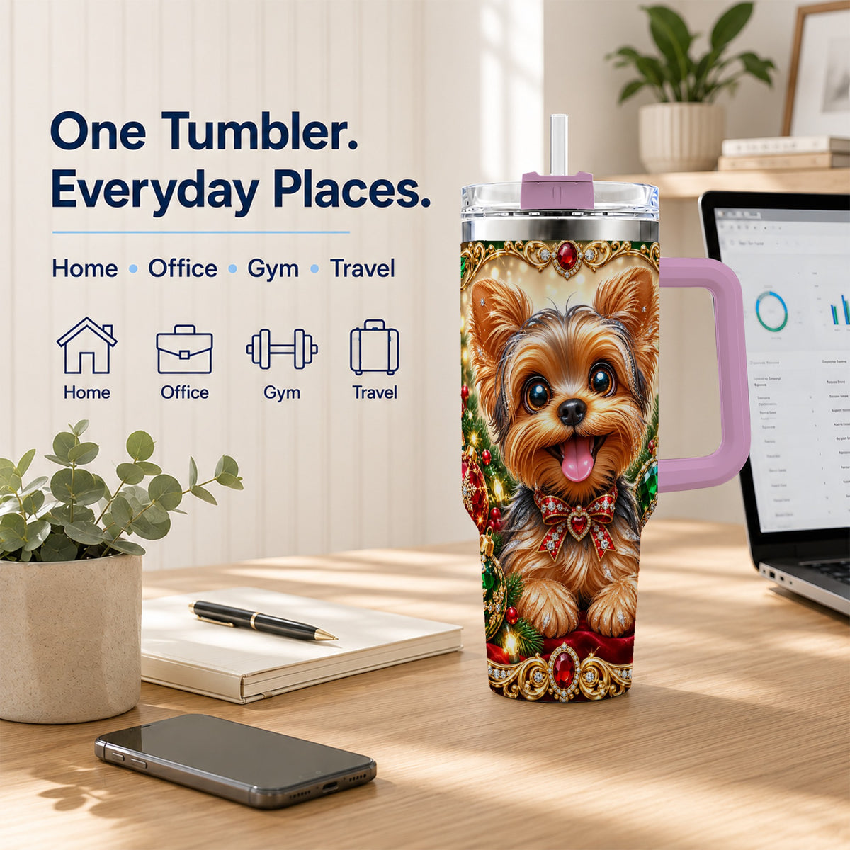 #pl[40oz|Pink] Jeweled Yorkie 40oz Tumbler with Handle, Christmas Dog Stainless Steel Cup