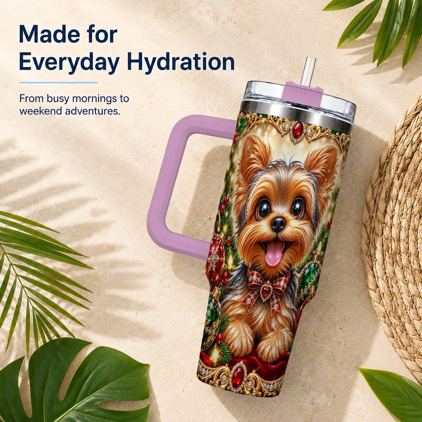 #pl[40oz|Pink] Jeweled Yorkie 40oz Tumbler with Handle, Christmas Dog Stainless Steel Cup