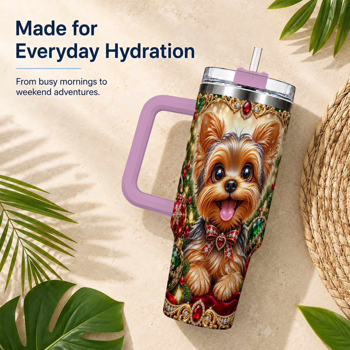 #pl[40oz|Pink] Jeweled Yorkie 40oz Tumbler with Handle, Christmas Dog Stainless Steel Cup