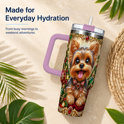 #pl[40oz|Pink] Jeweled Yorkie 40oz Tumbler with Handle, Christmas Dog Stainless Steel Cup