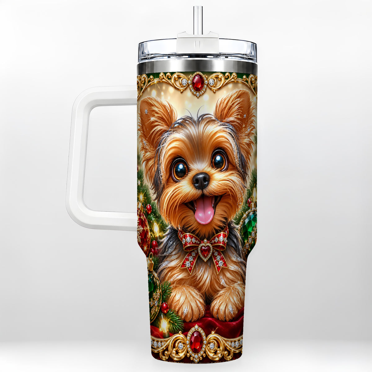 Jeweled Yorkie 40oz Tumbler with Handle, Christmas Dog Stainless Steel Cup