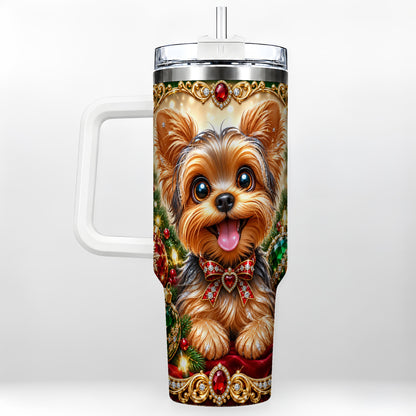 Jeweled Yorkie 40oz Tumbler with Handle, Christmas Dog Stainless Steel Cup
