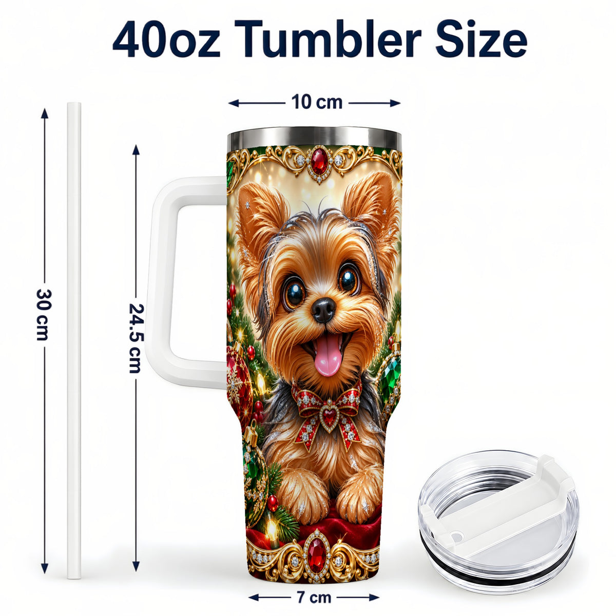 #pl[40oz|White] Jeweled Yorkie 40oz Tumbler with Handle, Christmas Dog Stainless Steel Cup