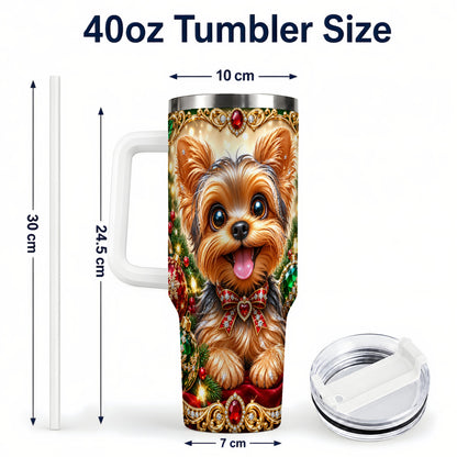 #pl[40oz|White] Jeweled Yorkie 40oz Tumbler with Handle, Christmas Dog Stainless Steel Cup