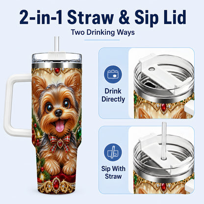 #pl[40oz|White] Jeweled Yorkie 40oz Tumbler with Handle, Christmas Dog Stainless Steel Cup