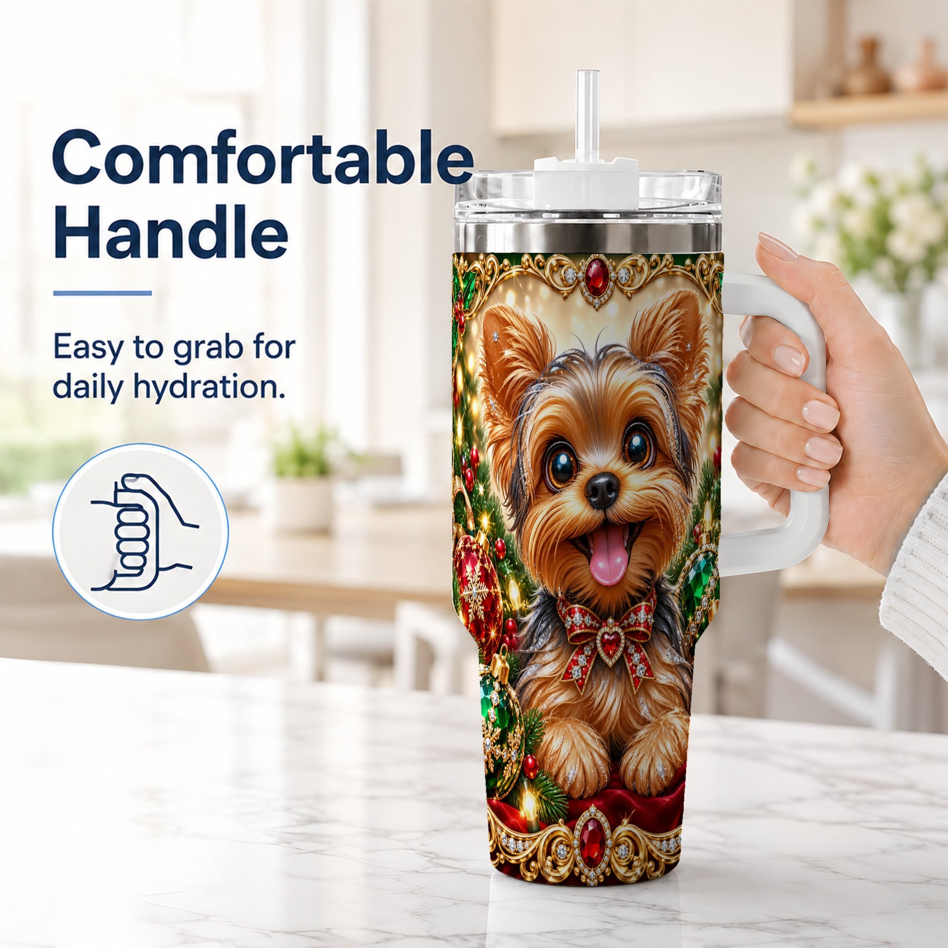 #pl[40oz|White] Jeweled Yorkie 40oz Tumbler with Handle, Christmas Dog Stainless Steel Cup
