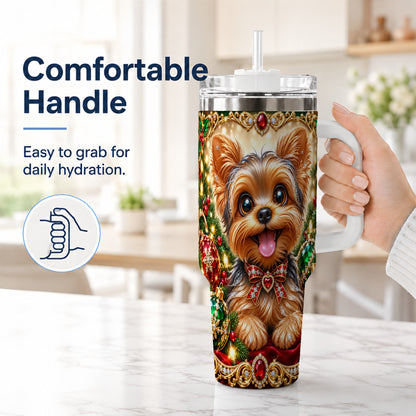 #pl[40oz|White] Jeweled Yorkie 40oz Tumbler with Handle, Christmas Dog Stainless Steel Cup