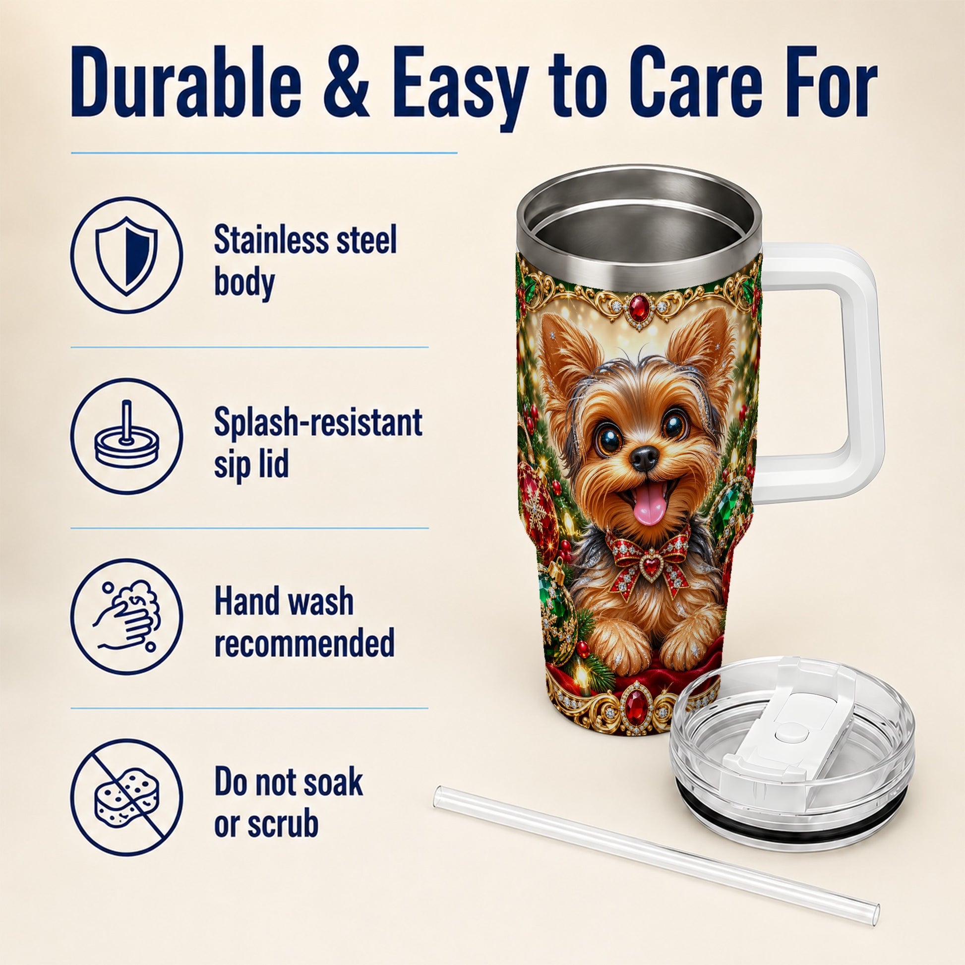 #pl[40oz|White] Jeweled Yorkie 40oz Tumbler with Handle, Christmas Dog Stainless Steel Cup
