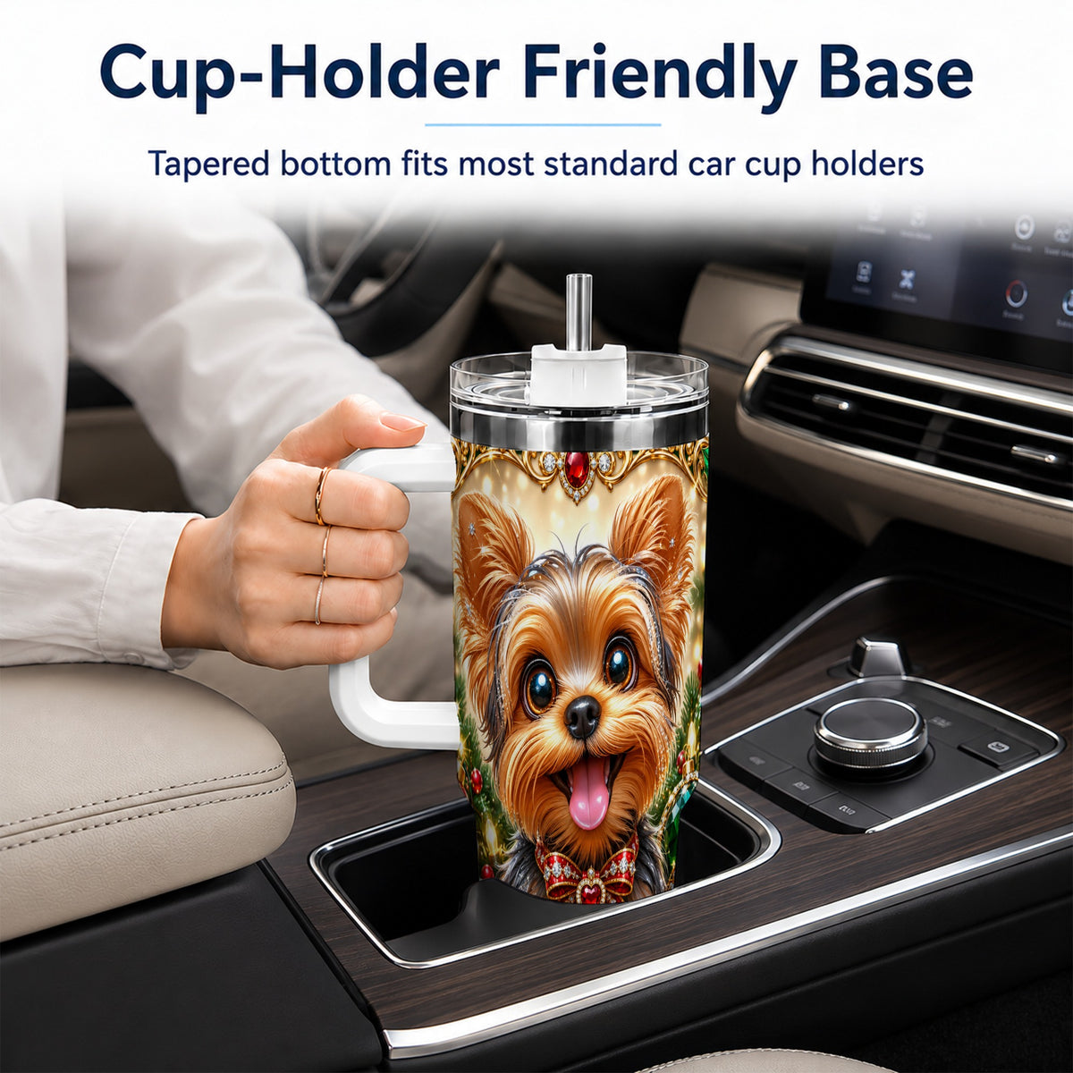 #pl[40oz|White] Jeweled Yorkie 40oz Tumbler with Handle, Christmas Dog Stainless Steel Cup