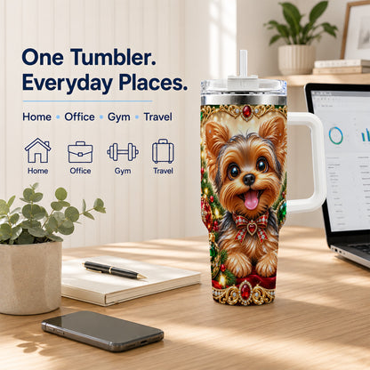 #pl[40oz|White] Jeweled Yorkie 40oz Tumbler with Handle, Christmas Dog Stainless Steel Cup