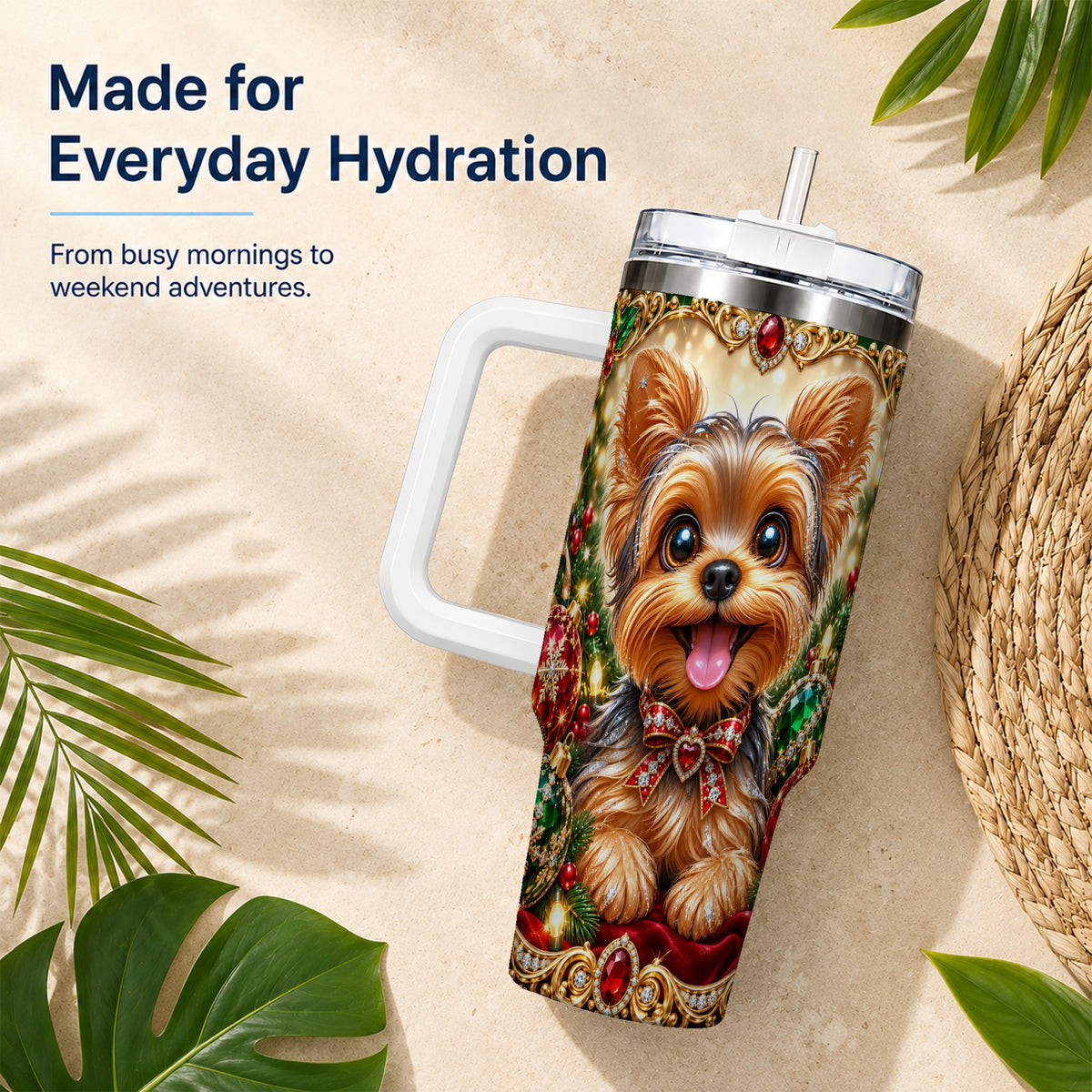#pl[40oz|White] Jeweled Yorkie 40oz Tumbler with Handle, Christmas Dog Stainless Steel Cup
