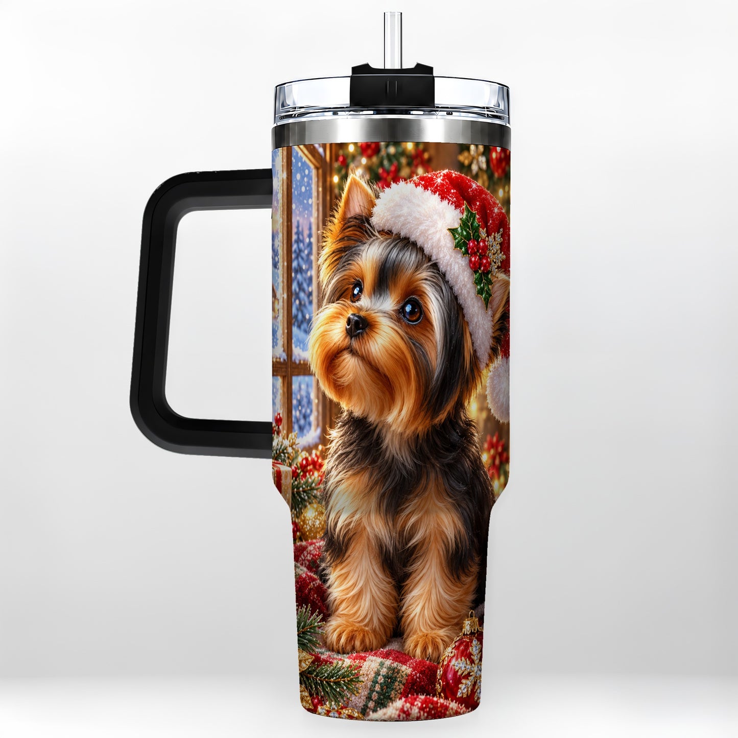 #pl[40oz|Black] Cozy Yorkie 40oz Tumbler with Handle, Christmas Dog Stainless Steel Cup