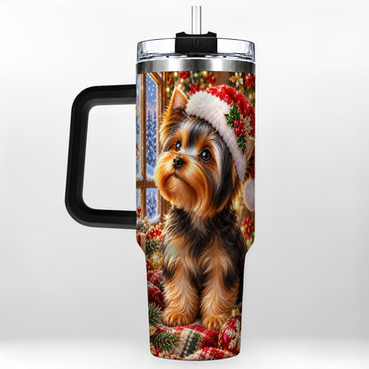 #pl[40oz|Black] Cozy Yorkie 40oz Tumbler with Handle, Christmas Dog Stainless Steel Cup