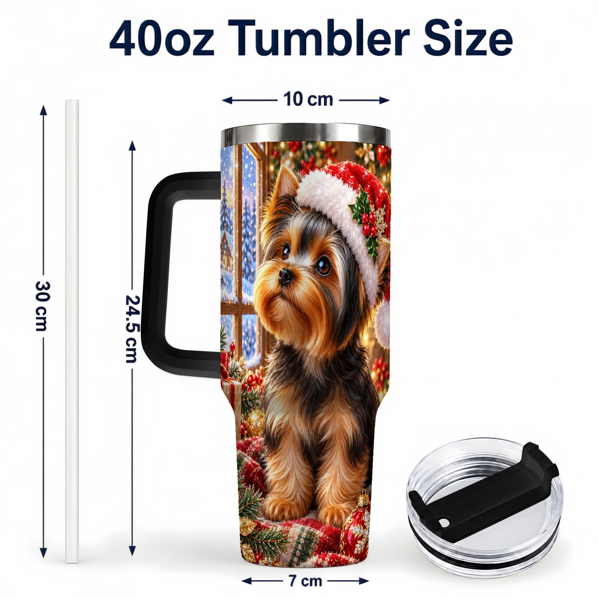#pl[40oz|Black] Cozy Yorkie 40oz Tumbler with Handle, Christmas Dog Stainless Steel Cup