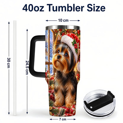 #pl[40oz|Black] Cozy Yorkie 40oz Tumbler with Handle, Christmas Dog Stainless Steel Cup