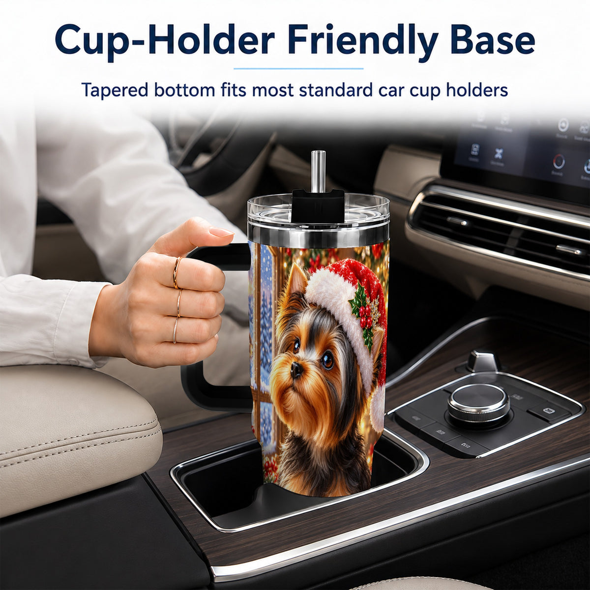 #pl[40oz|Black] Cozy Yorkie 40oz Tumbler with Handle, Christmas Dog Stainless Steel Cup