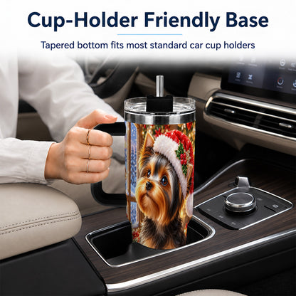 #pl[40oz|Black] Cozy Yorkie 40oz Tumbler with Handle, Christmas Dog Stainless Steel Cup