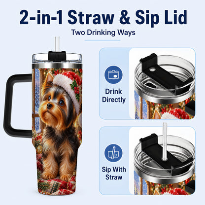 #pl[40oz|Black] Cozy Yorkie 40oz Tumbler with Handle, Christmas Dog Stainless Steel Cup