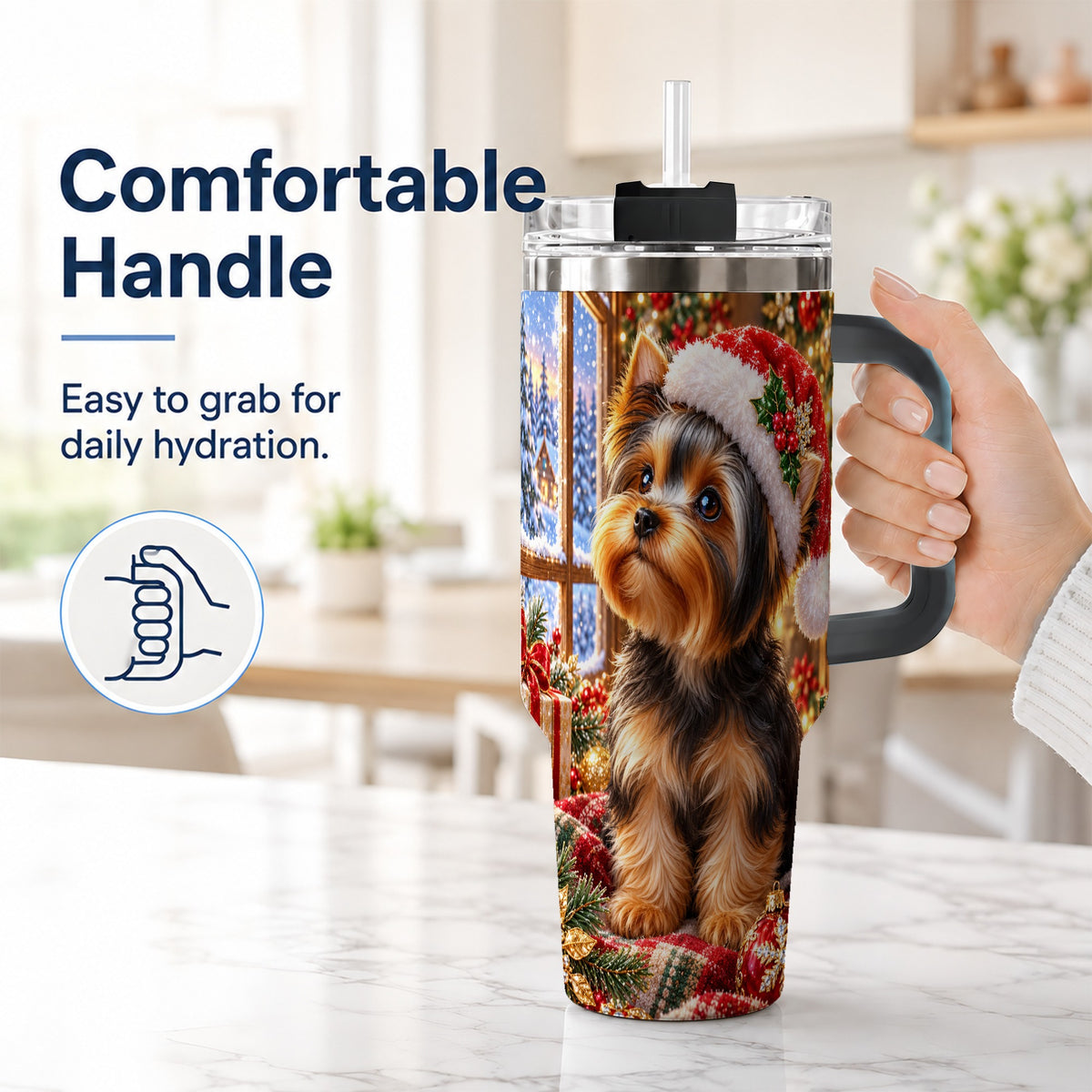 #pl[40oz|Black] Cozy Yorkie 40oz Tumbler with Handle, Christmas Dog Stainless Steel Cup