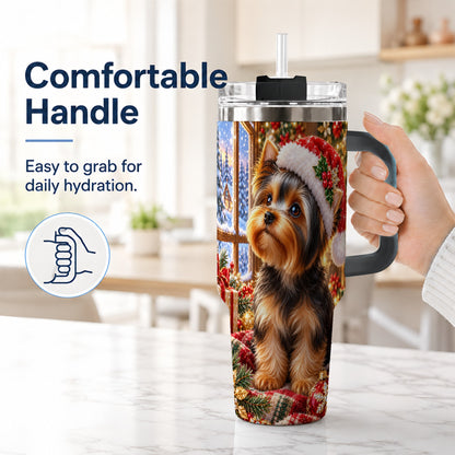 #pl[40oz|Black] Cozy Yorkie 40oz Tumbler with Handle, Christmas Dog Stainless Steel Cup