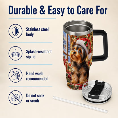 #pl[40oz|Black] Cozy Yorkie 40oz Tumbler with Handle, Christmas Dog Stainless Steel Cup