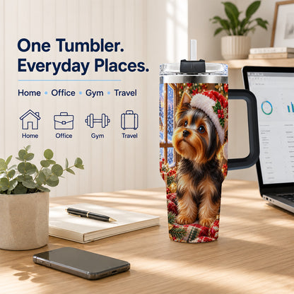 #pl[40oz|Black] Cozy Yorkie 40oz Tumbler with Handle, Christmas Dog Stainless Steel Cup